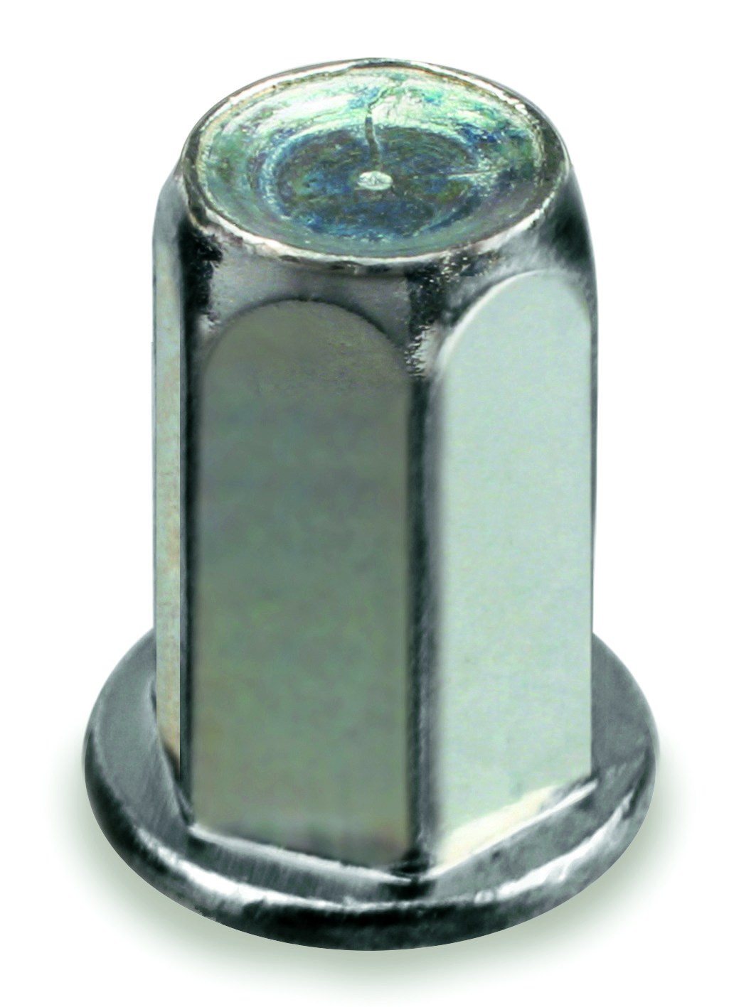 Ecrou à sertir tête cylindrique plate , moleté débouchant M4 épaisseur à  sertir 0.5 à 3mm acier zingué blanc